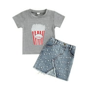 LMTODLFG Baby Girl Clothes Toddler and Little Child Girls Popcorn Printed Short Sleeved T Shirt Beaded Denim Skirt Two Piece Set Toddler Graphic Tees Grey 2-3 Years